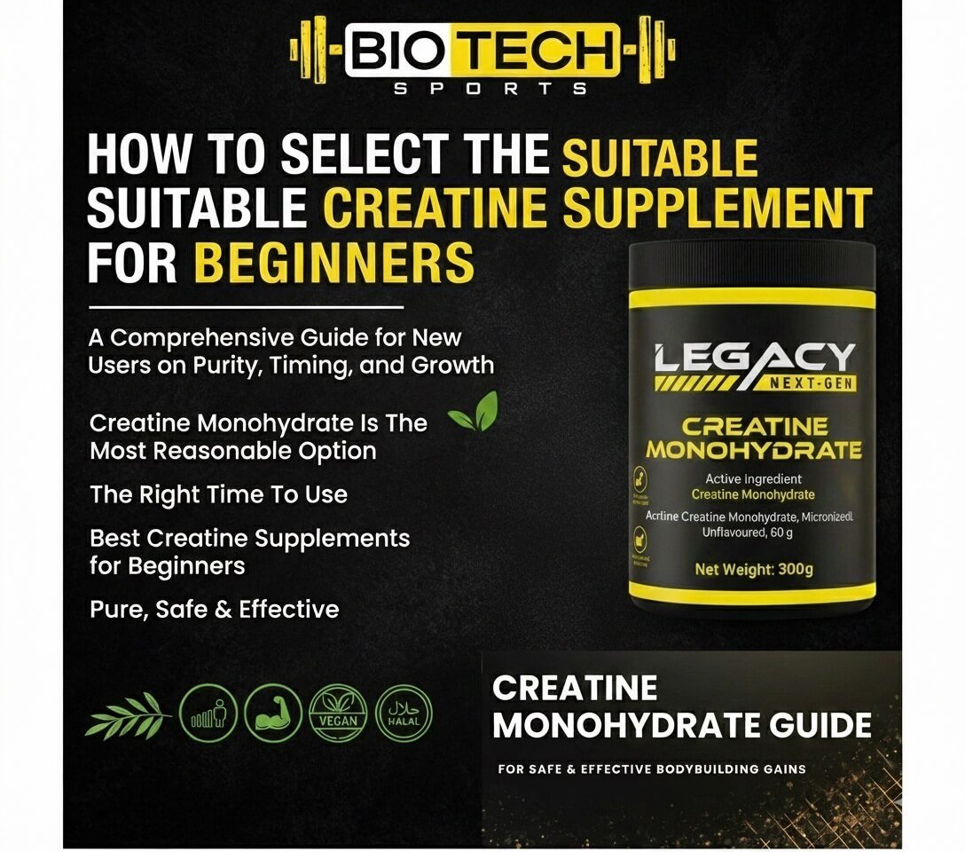 BioTech Sports guide on how to select suitable creatine supplement for beginners featuring Legacy Creatine Monohydrate 300g with highlights on purity, safety, timing, and beginner-friendly benefits.